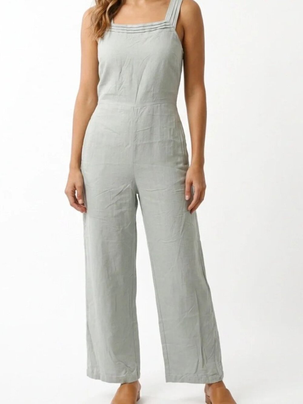 Monteau Los Angeles Sage Green Linen Blend Wide Leg Jumpsuit Size S